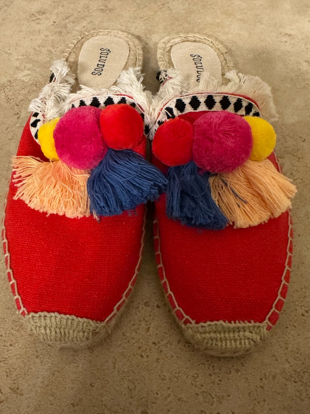Soludos Red Espadrille Slide with Multicolor Pom-Poms